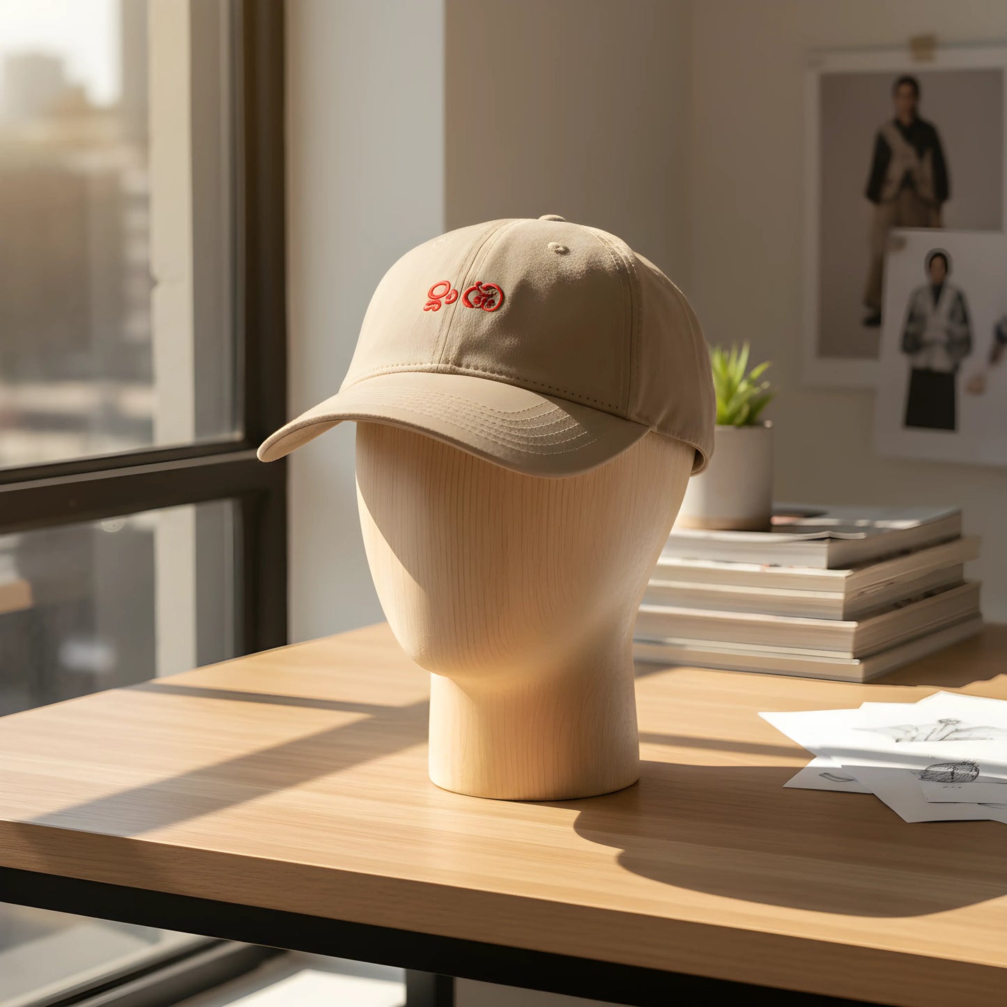 Beige Baseball Cap with Red Embroidery