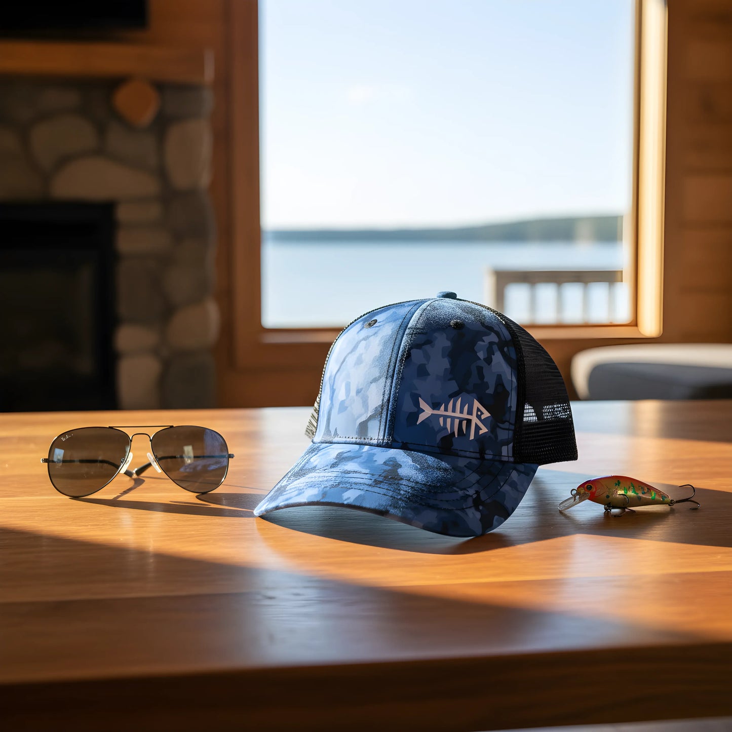 Blue Camo Fishbone Trucker Cap