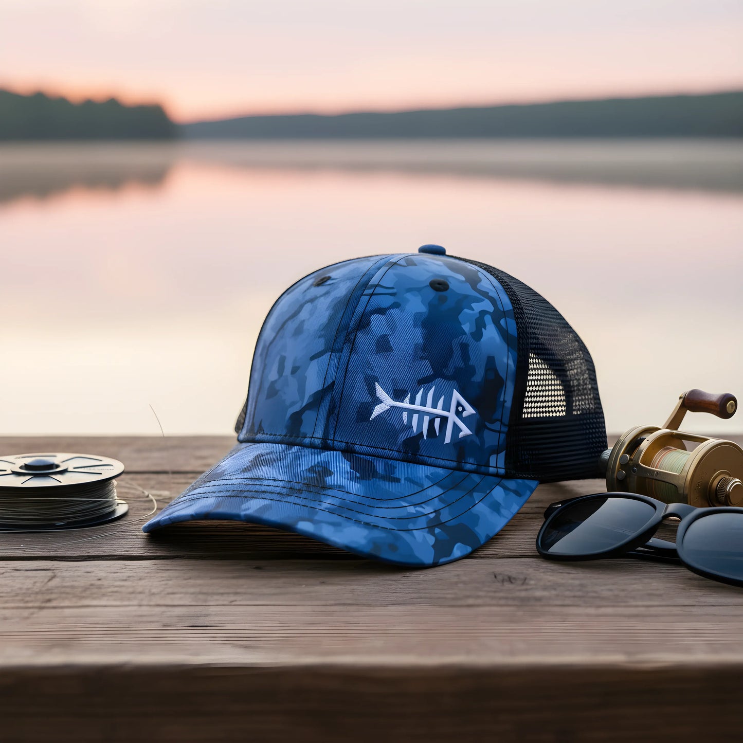 Blue Camo Fishbone Trucker Cap