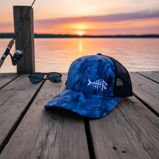 Blue Camo Fishbone Trucker Cap