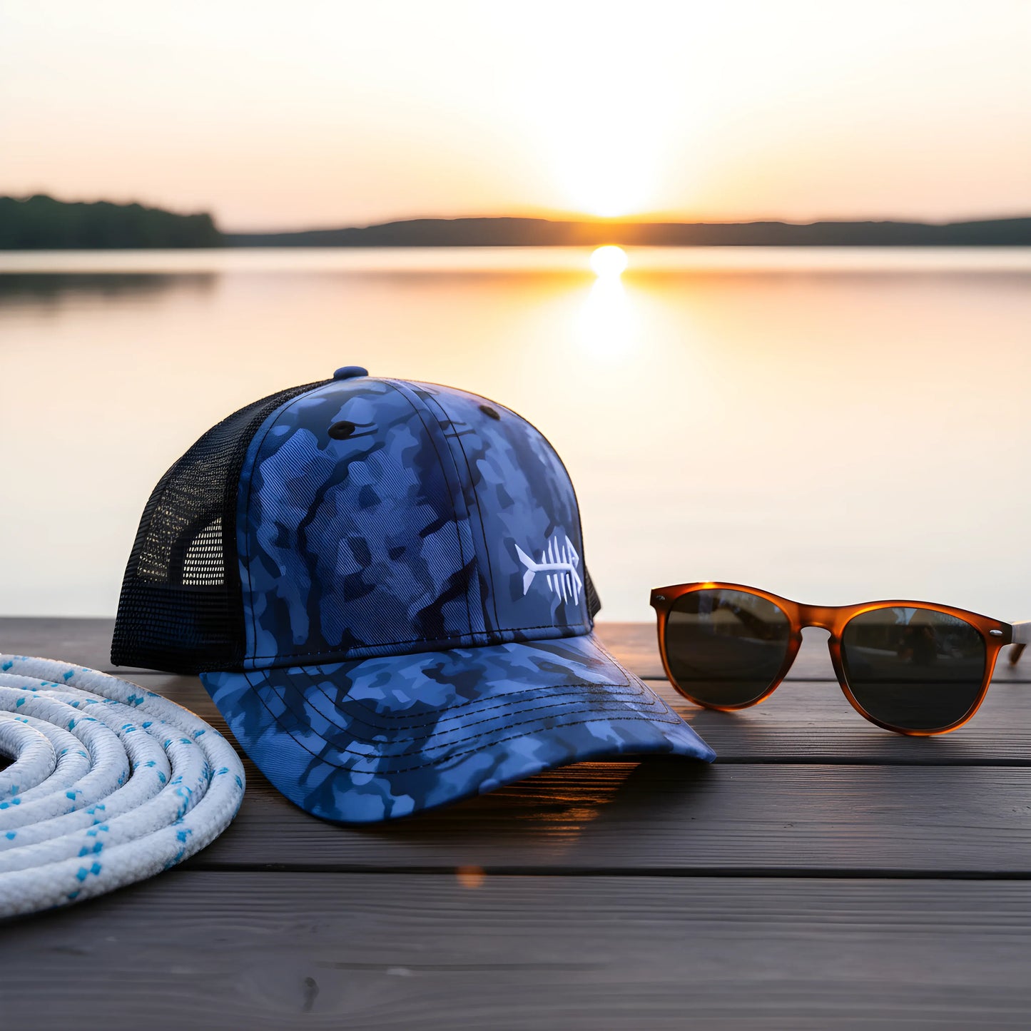 Blue Camo Fishbone Trucker Cap