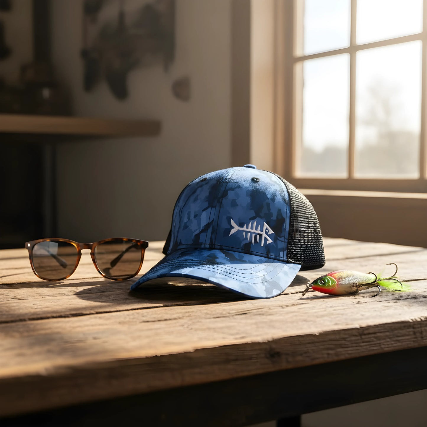 Blue Camo Fishbone Trucker Cap