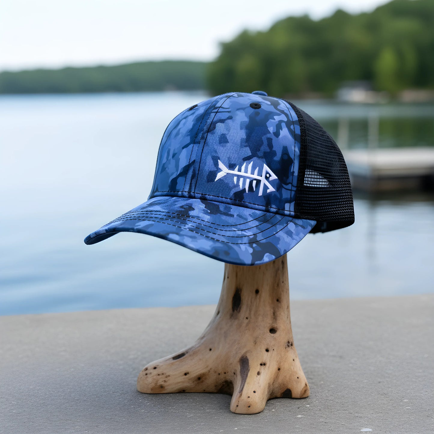 Blue Camo Fishbone Trucker Cap