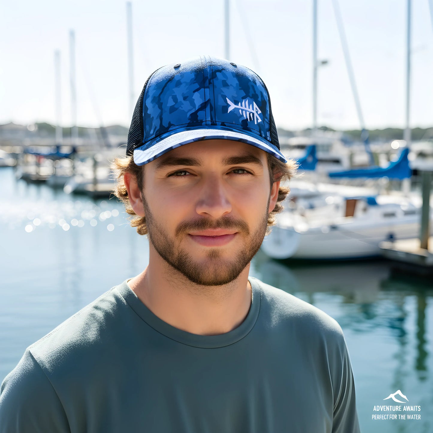 Blue Camo Fishbone Trucker Cap