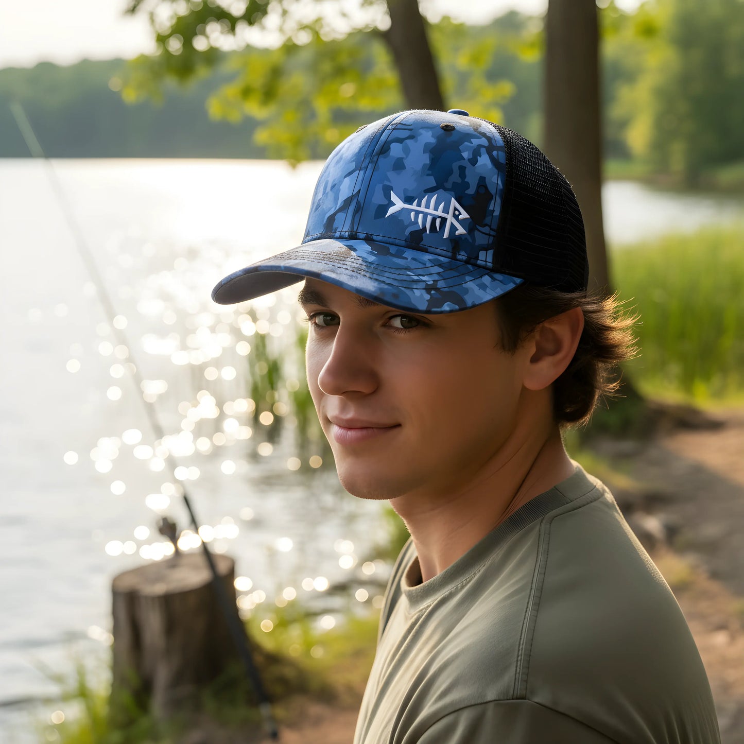 Blue Camo Fishbone Trucker Cap