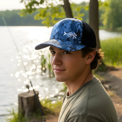 Blue Camo Fishbone Trucker Cap