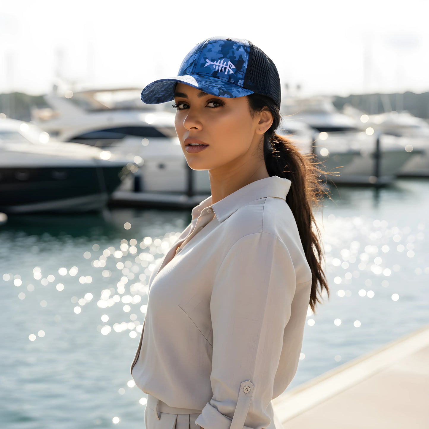 Blue Camo Fishbone Trucker Cap