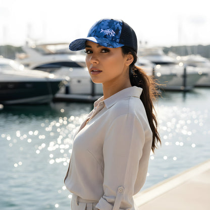 Blue Camo Fishbone Trucker Cap