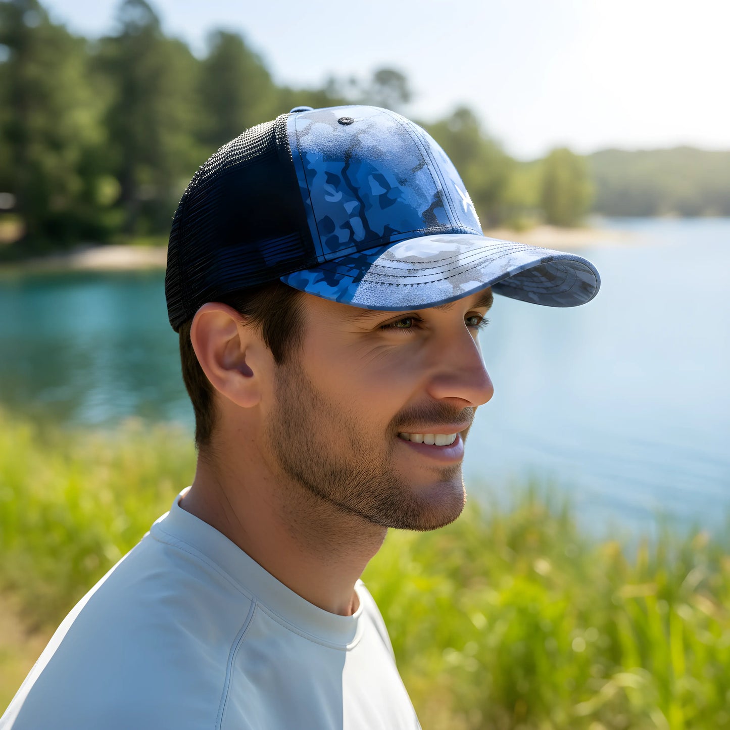 Blue Camo Fishbone Trucker Cap