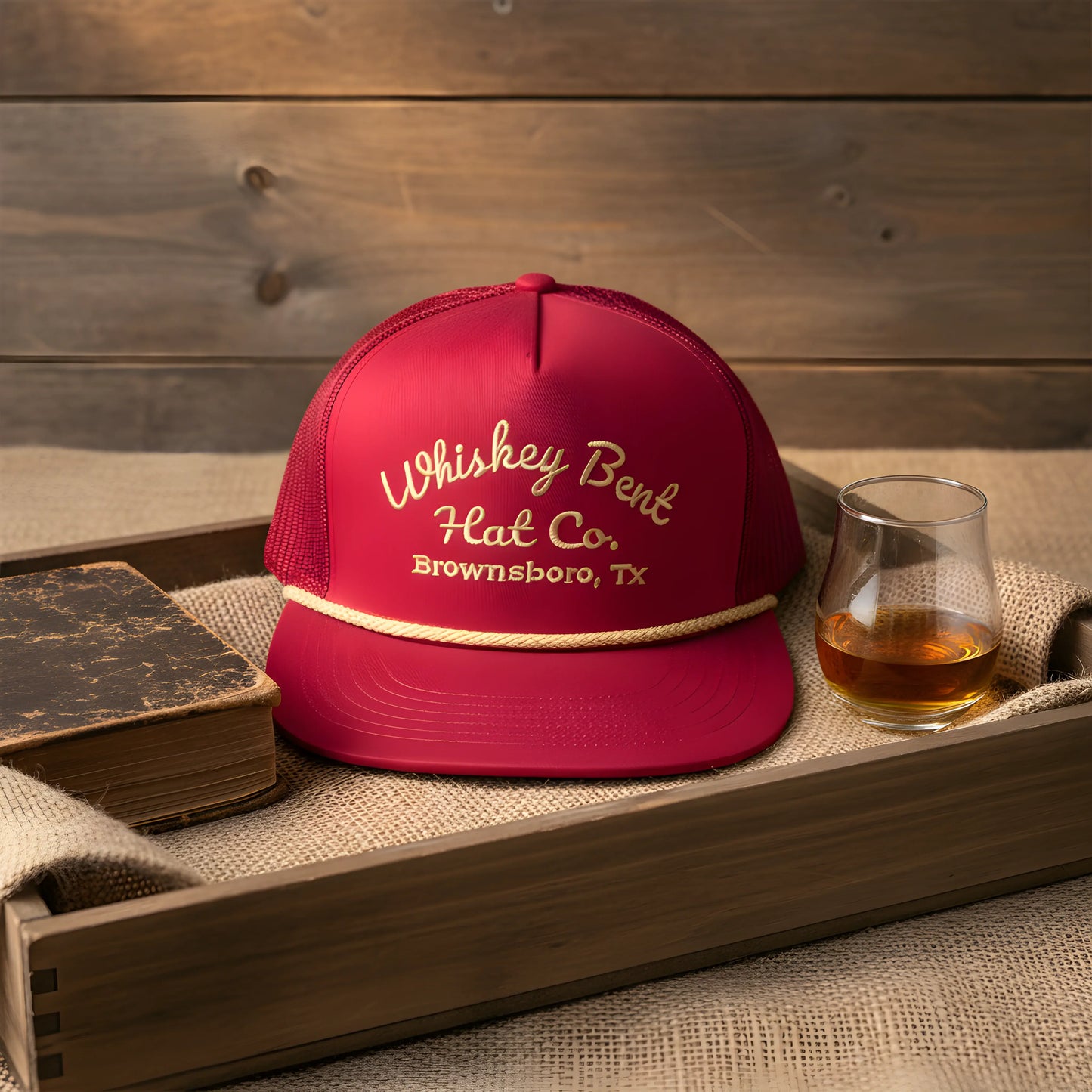 “Whiskey Bent Trucker Cap – Maroon Edition”