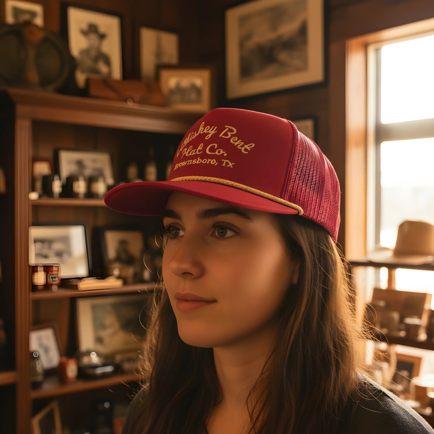“Whiskey Bent Trucker Cap – Maroon Edition”