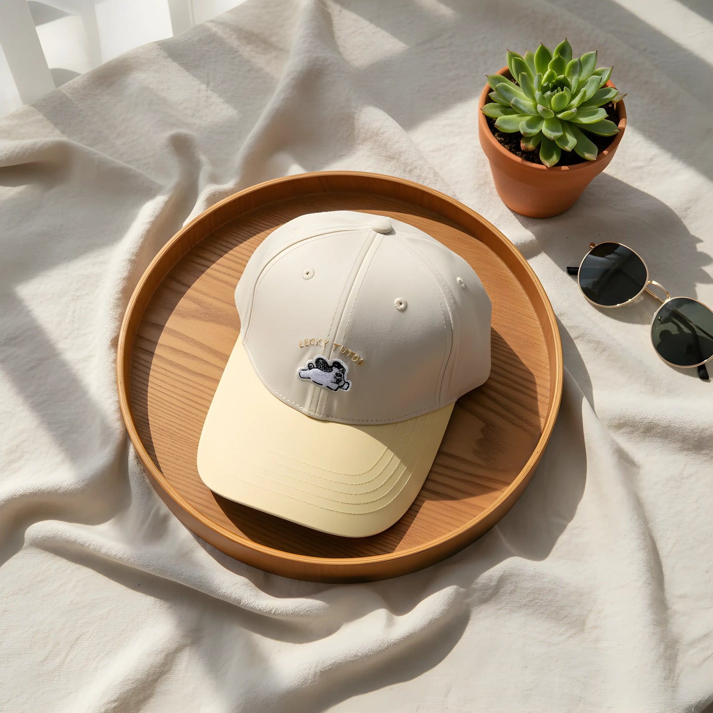 “Lucky Puppy Two-Tone Cap – Cream & Pastel Yellow”