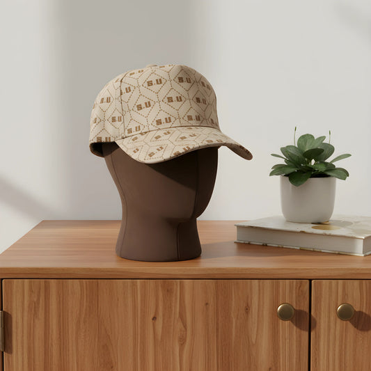Beige Patterned Baseball Cap with “S.U” Logo