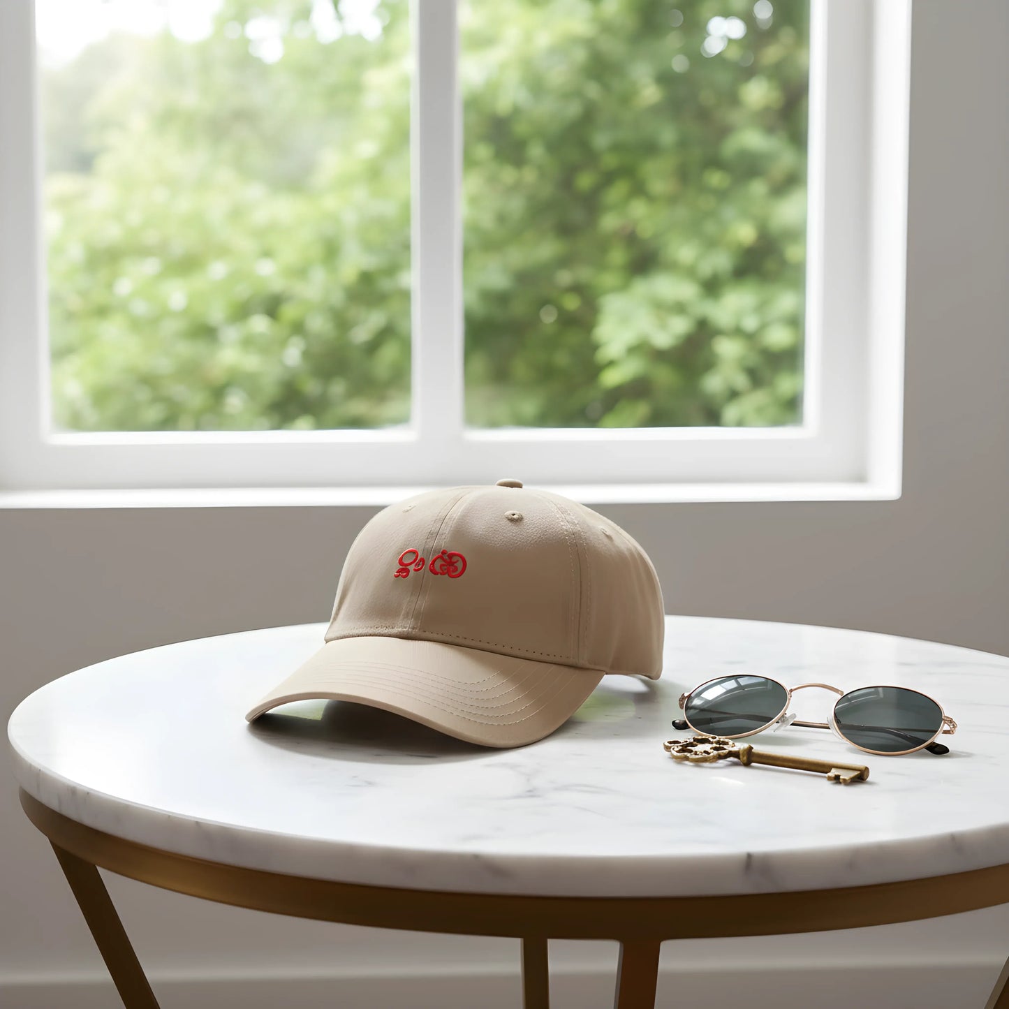Beige Baseball Cap with Red Embroidery