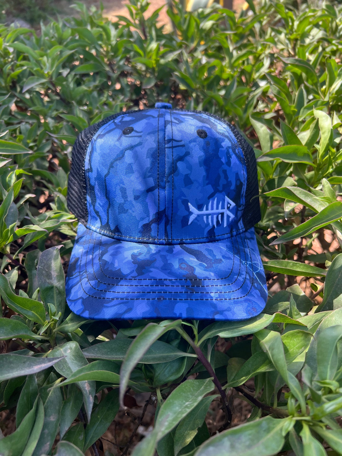 Blue Camo Fishbone Trucker Cap