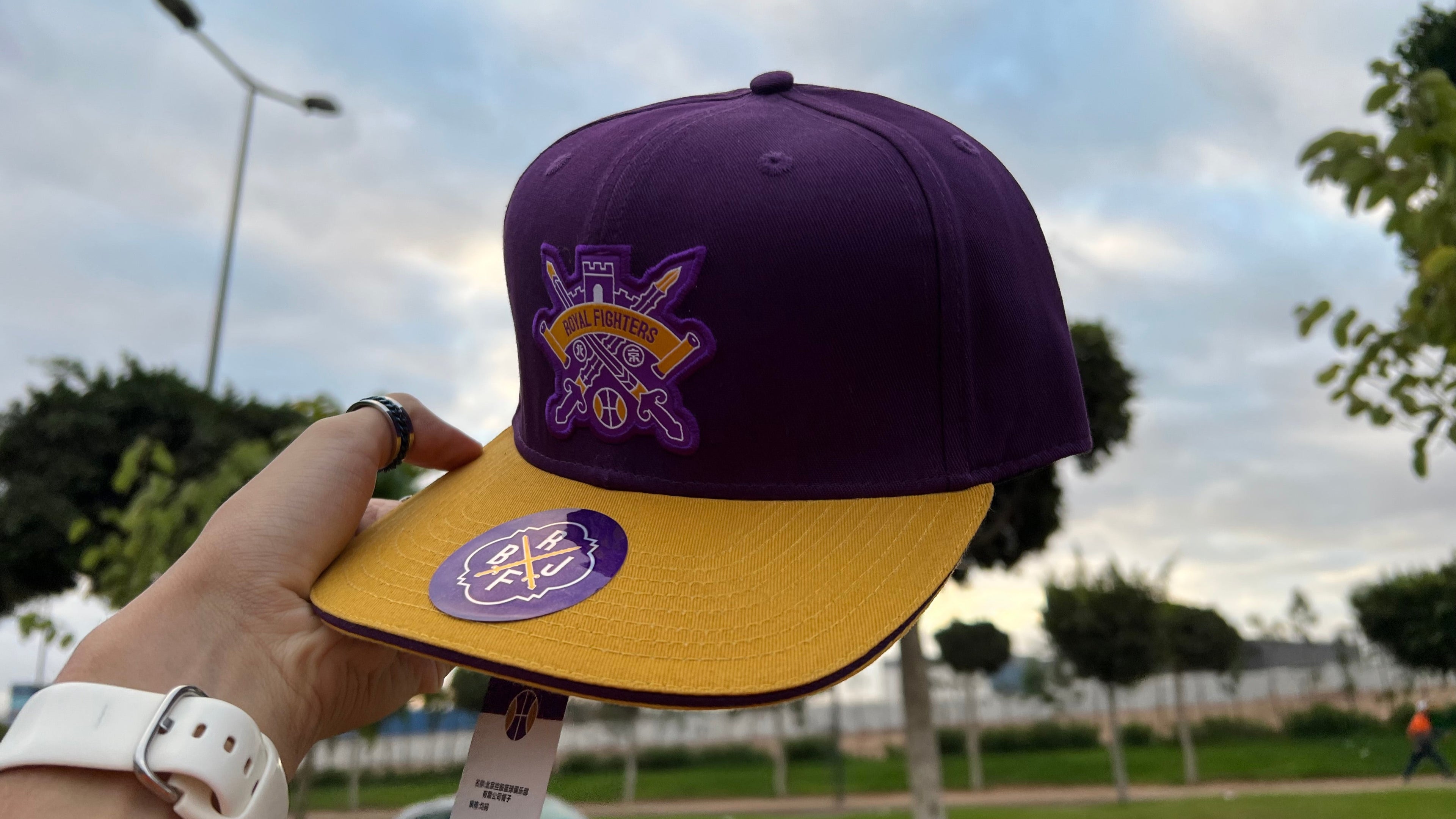 Purple and yellow cap held by a hand with a blurred outdoor background