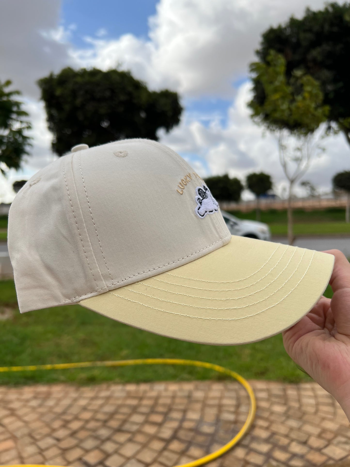 “Lucky Puppy Two-Tone Cap – Cream & Pastel Yellow”