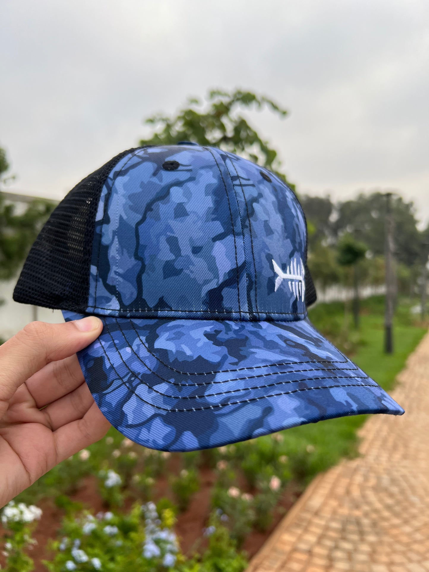 Blue Camo Fishbone Trucker Cap