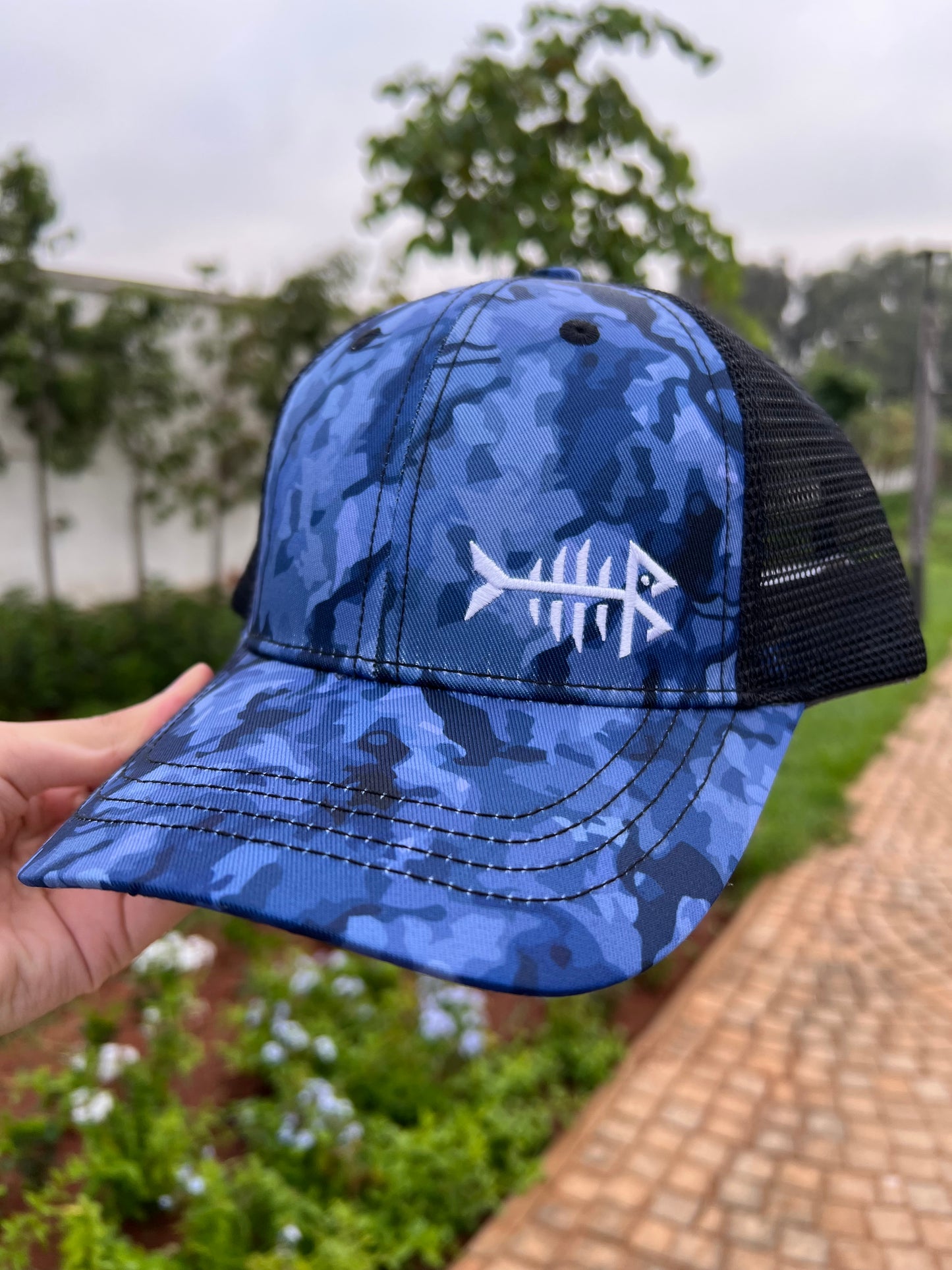 Blue Camo Fishbone Trucker Cap