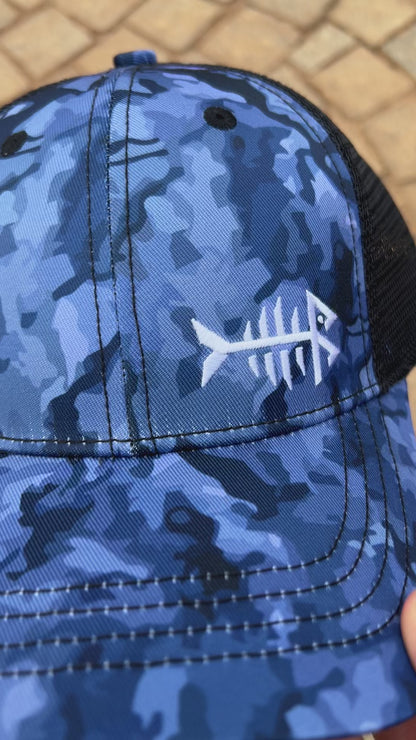 Blue Camo Fishbone Trucker Cap